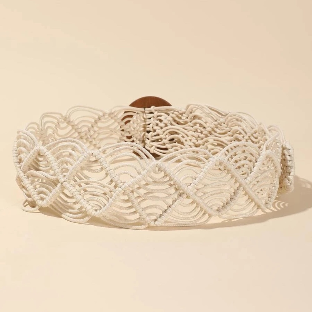 Boho Cream Circle Buckle Woven Belt - Picture 3 of 6